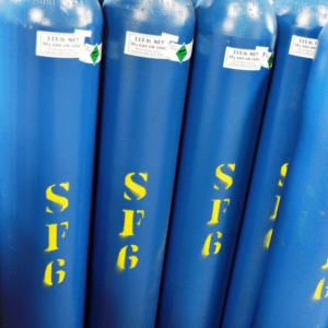 A collection of blue SF6 gas cylinders that are older and ready to be retired and disposed of 